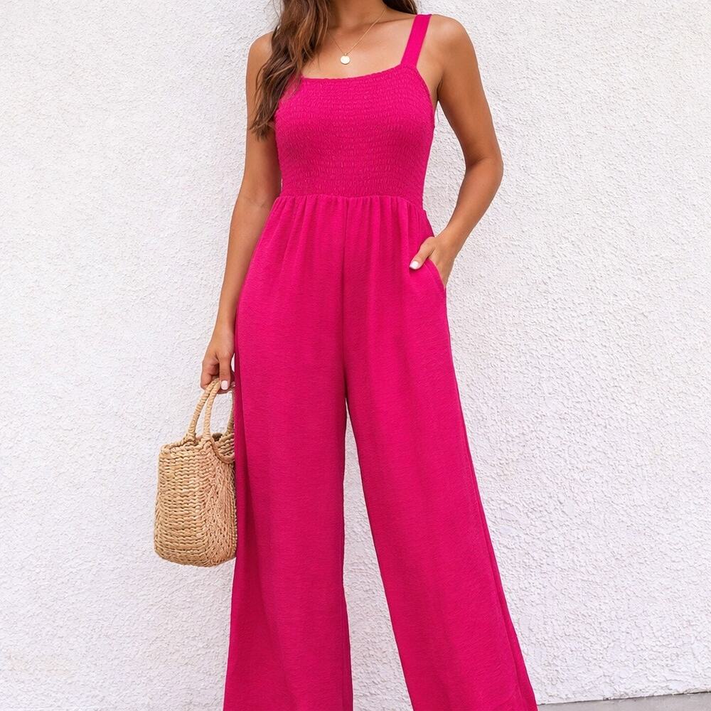 Hot Pink Smocked Wide Leg Jumpsuit Sleeveless Square Neck Sz S